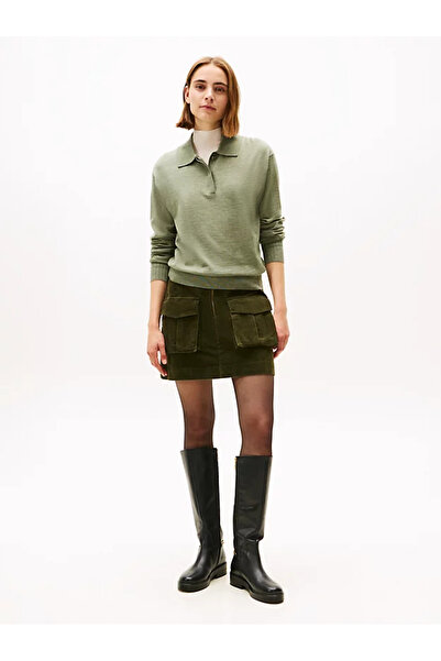 Tommy Hilfiger Kadın V Polo Yaka Uzun Kol Regular Fit Pamuklu Düz Yeşil Kazak WW0WW47410-MTD