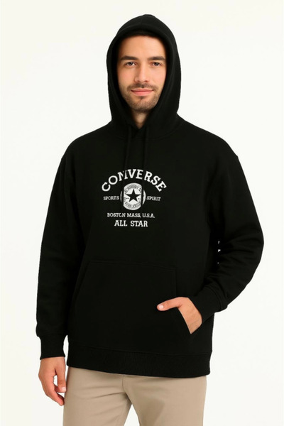 buğrahayalin Three Thread Hooded Front and Back Printed Sweatshirt Hoodie - Black