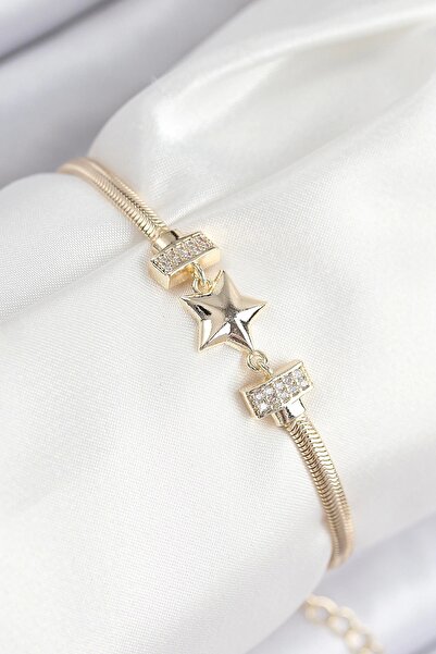 Ebijuteri Brass Zircon Stone Star Model Gold Color Women's Bracelet