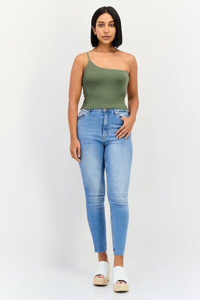 Don't Call Me Jennyfer Women Asymmetrical Neck One Shoulder Ribbed Tank Top, Khaki