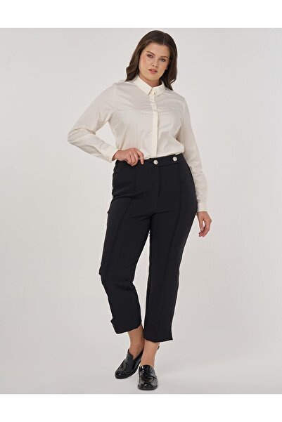 Kayra Button Detailed Fabric Trousers Black
