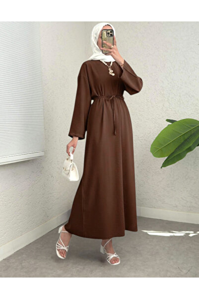 Modamorfo Λινό φόρεμα με δεμένη μέση και φερμουάρ στην πλάτη - Καφέ