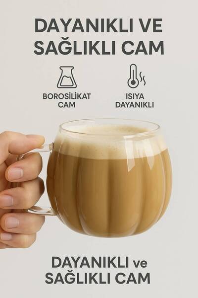 Open Home Concept 6 Pcs Pumpkin Model Borosilicate Coffee Presentation Cup with Handle Soft Drink Cup (450 ml) Civelek