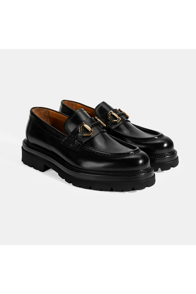 Desa Men's Black Metal Buckle Detailed Leather Loafer