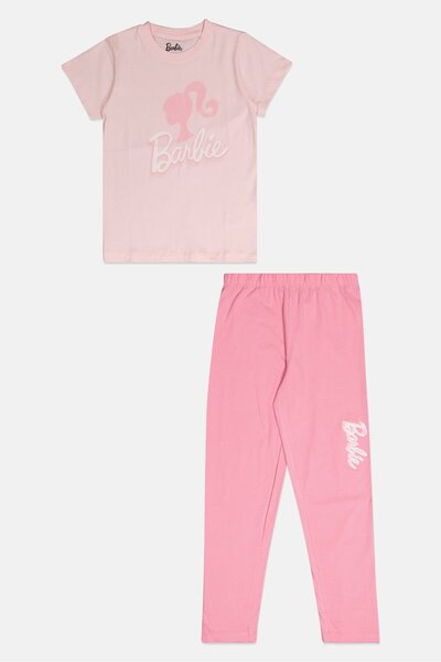 Barbie Toddlers Girl Short Sleeve Brand Logo Top And Bottom Pajamas Set, Pink