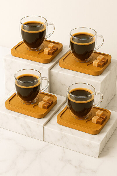 Vivien Home 8-Piece 4-Person Double-Walled Cup and Bamboo Saucer Espresso Tea Coffee Cup Set