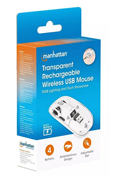MANHATTAN 190275 Wireless Mouse, Transparent 4D, RGB, USB-A Micro Receiver, White