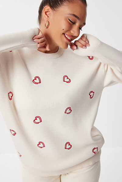 Lovelyİstanbul Kalp Nakışlı Oversize Triko Kazak LNX0002 KREM