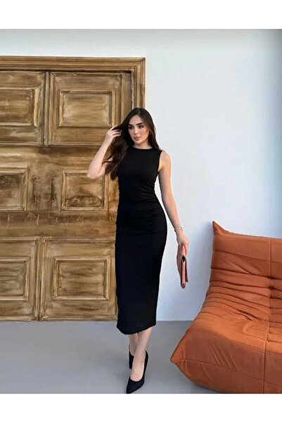 ECK MODA Kadın Scuba Kumaş Drapeli Midi Boy Elbise