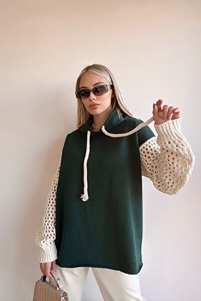 VAGGON Women's Green Hooded Mesh Knit Sleeve Lace-Up 3 Thread Sweatshirt Vs00943