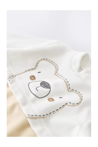 BabyCosy Long-sleeved teddy bear jumpsuit with booties made of 80% cotton and 20% polyester - Cream
