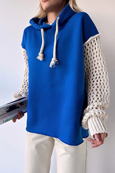 VAGGON Women's Saks Hooded Mesh Knit Sleeve Lace-Up 3 Thread Sweatshirt Vs00943