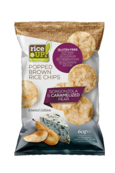 Rice Up رقائق الأرز الكاملة بالجورجنزولا والكمثرى المكرمل 60 جرام، خالية من الغلوتين، خالية من الكائنات المعدلة وراثيًا × 12 قطعة