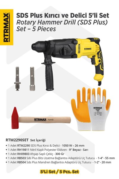 Rtrmax RTM2290SET Sds Plus Kırıcı ve Delici 5'lİ Set - Eldiven-Çekiç-Uç Tutucu