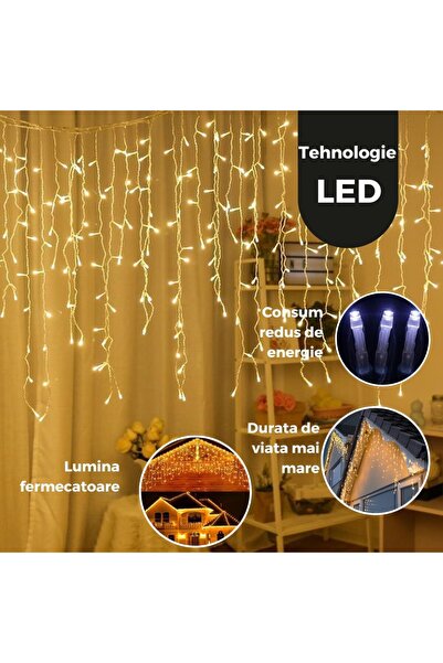 Rao Instalatie Craciun Yoto, Tip Franjuri/turturi, 7 M, 200 Led-uri, Prelungitor 1.5 M, Alb Cald