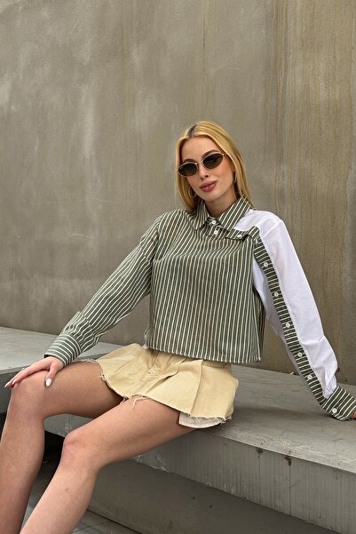 VAGGON Cămașă crop cu mânecă lungă, cu dungi verzi, cu buton asimetric, cu detalii în contrast, pentru femei Vs00920