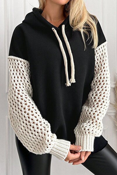 VAGGON Women's Black Hooded Mesh Knit Sleeve Lace-Up 3 Thread Sweatshirt Vs00943