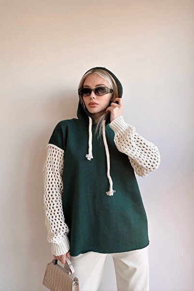 VAGGON Women's Green Hooded Mesh Knit Sleeve Lace-Up 3 Thread Sweatshirt Vs00943