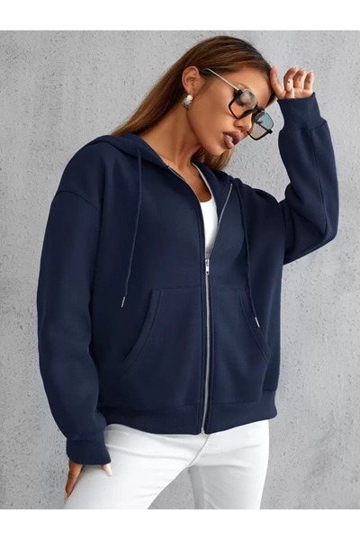 uyguntarz Унісекс темно-синій светр на блискавці з капюшоном