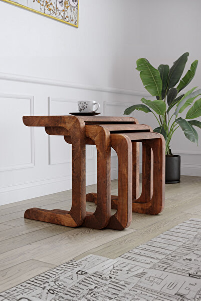 KIYMIK HOME 4014 Zigon Sehpa – %100 Gerçek Ağaç - Ceviz