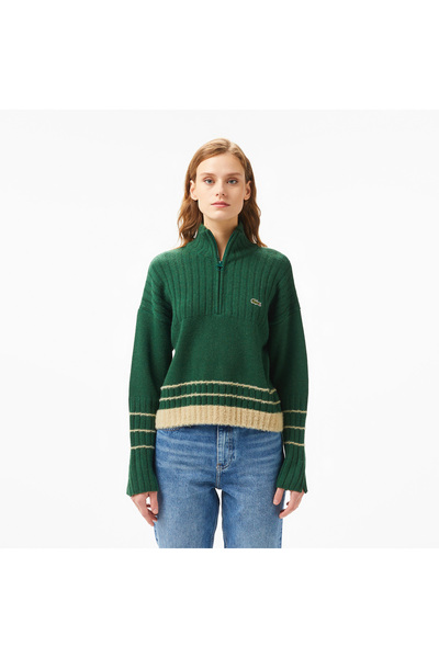 Lacoste Kadın Regular Fit Yarım Fermuarlı Renk Bloklu Yeşil Kazak