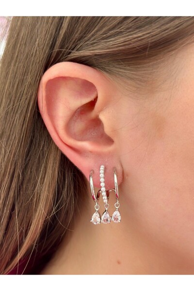 BY YASİN TOPÇU İnci ve Damla Taşlı Gümüş Küpe