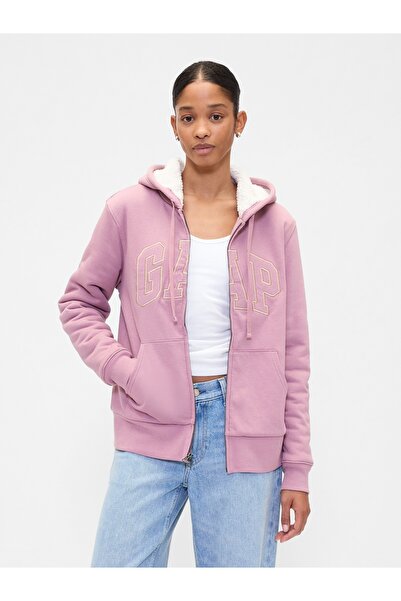 GAP Kadın Açık Pembe Relaxed Logo Sherpa-Astarlı Fermuarlı Sweatshirt