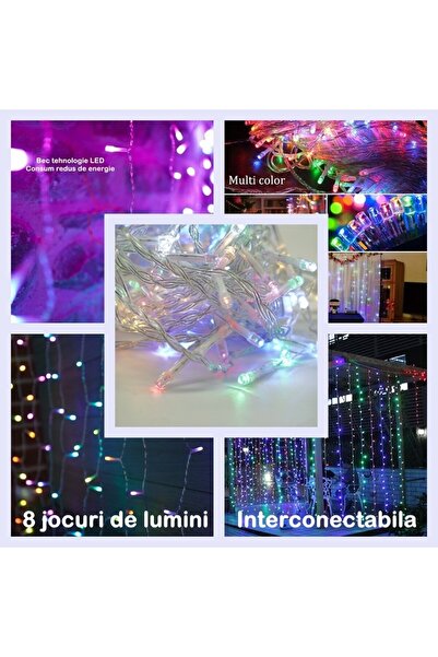 YOTO Instalatie Craciun Yoto, Tip Perdea, 2 m x 1 m, 120 LED-uri, Prelungitor 1.5 m, 8 Jocuri de Lumini,