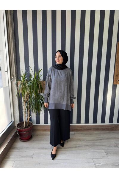 Nuss 3009 Kendinden Desenli İpek Cupra Tunik Antrasit