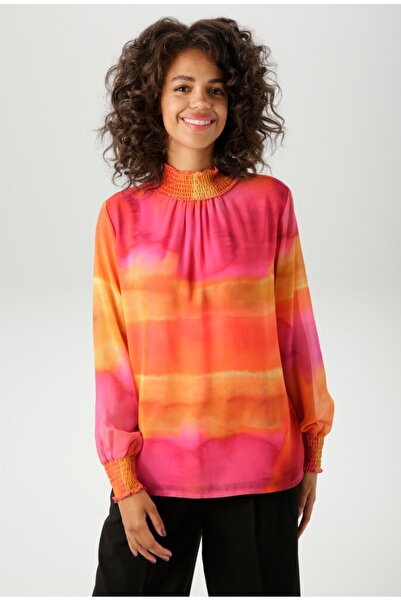 Şans Women's Plus Size Colorful, Tie-Dye Chiffon Fabric, Blouse with Crochet Detail on Neckline and Sleeve Cuffs 65N39123