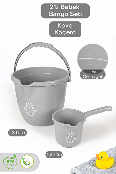 Meleni Baby 2'li Bebek Banyo Seti - Figürlü Banyo Su Kovası - Maşrapa - Gri