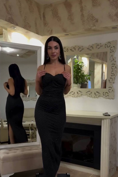 CİDDE Gloplu Yırtmaçlı Taşlı Elbise Sandy Kumaş