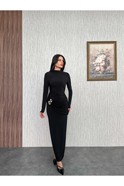 ESRAHELVACI Uzun Kol Aksesuar Drapeli Maxi Elbise