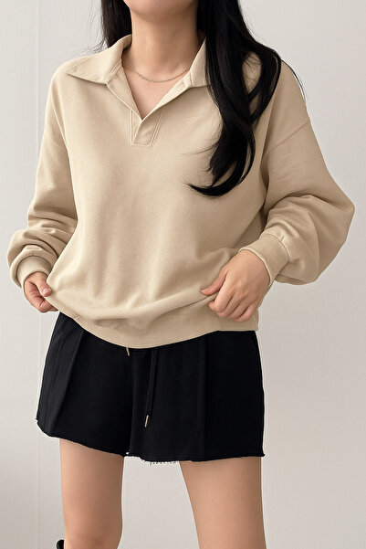 Deocept Unisex V-Yaka Polo Yakalı Basic Oversize Swetshirt