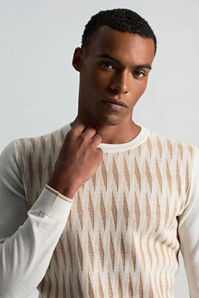 Hemington Merino Yün Şerit Desenli Ekru Bisiklet Yaka Triko