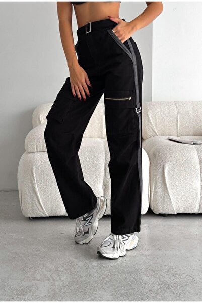 shcenco Kadın Parlak Gabardin Yüksek Bel Kargo Pantolon