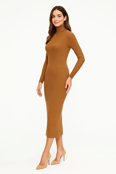Generic Brand Women's High-Neck Knitwear Dress Long Ribbed Flexible Woven Ful...