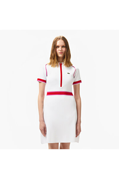 Lacoste Kadın Classic Fit Kısa Kollu Polo Yaka Renk Bloklu Beyaz Elbise