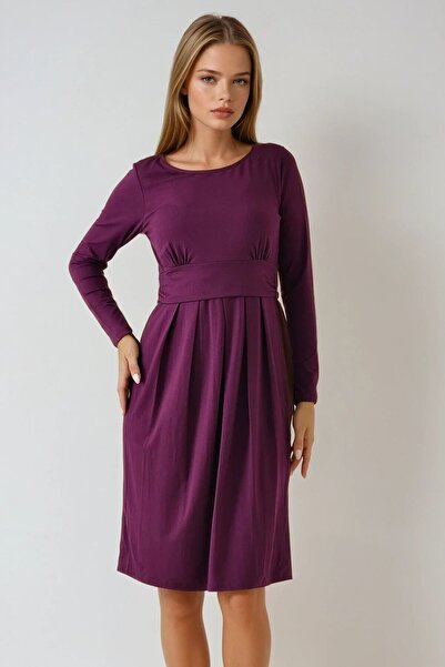 VAGGON Women's Burgundy Round Neck Quarter Sleeve Gathered Waist Pleated Dress Vs00941