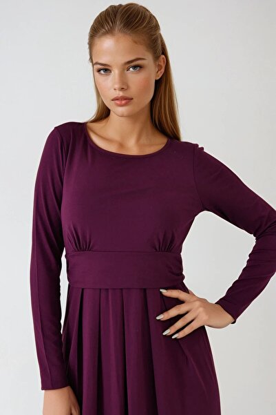 VAGGON Women's Burgundy Round Neck Quarter Sleeve Gathered Waist Pleated Dress Vs00941