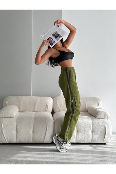 shcenco بنطلون كارجو نسائي لامع من الجبردين عالي الخصر