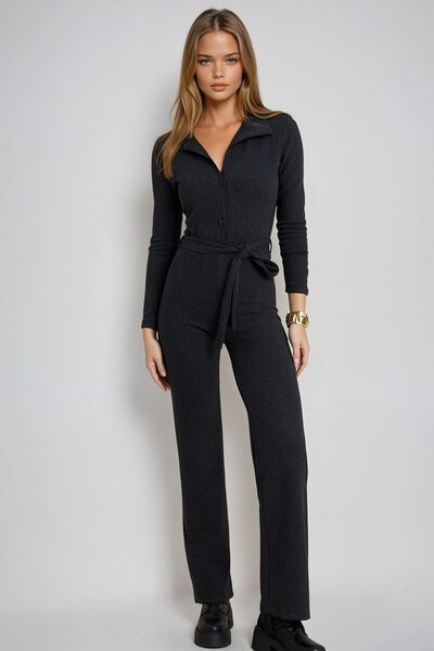 VAGGON Black Buttoned Belted Straight Leg Long Sleeve Jumpsuit