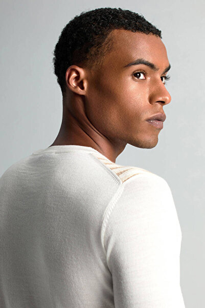 Hemington Merino Yün Şerit Desenli Ekru Bisiklet Yaka Triko