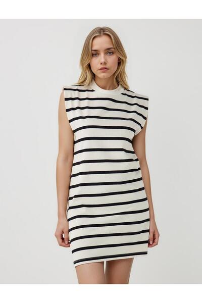 Jimmy Key Ecru Crew Neck Sleeveless Striped Knitted Mini Dress