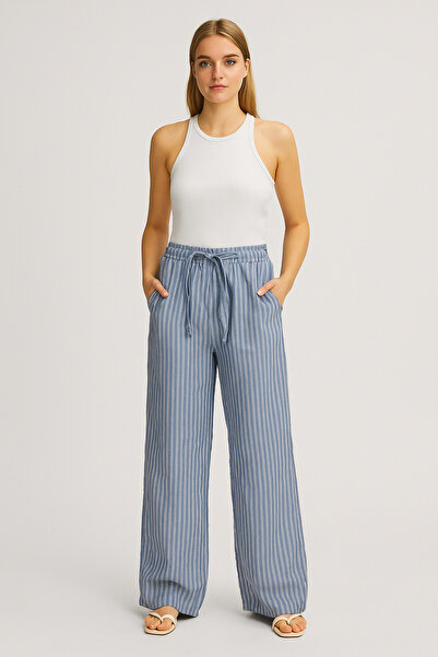 SheLoria بنطلون نسائي مخطط باللون الأزرق مع حزام مطاطي في الخصر وجيوب مزدوجة ...