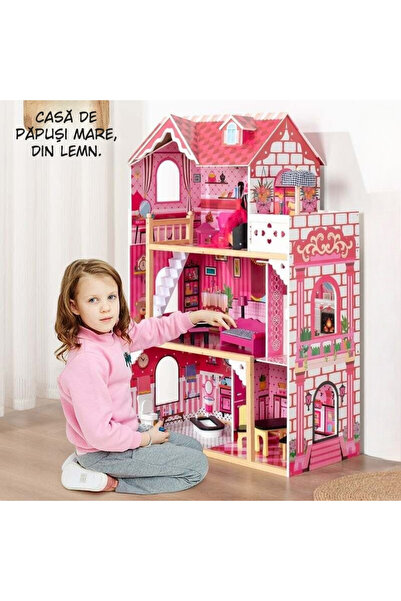 OEM Casuta De Papusi Din Lemn cu Mobilier, Scara si Lift, 3 Nivele Compuse Din Terasa Si Acoperis