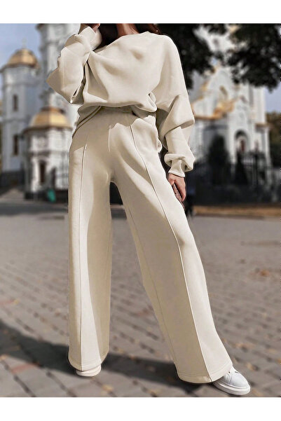 mercoledi Kadın Bej Geniş Boru Paça Alt Üst Eşofman Takımı Oversize