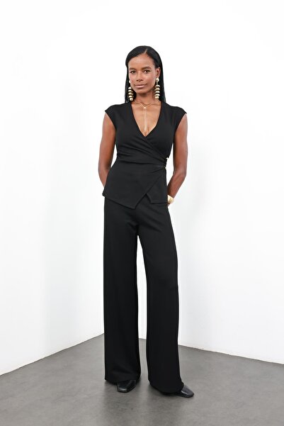 5in1Canpolat Black Double-Breasted Suit with Buckle Detail