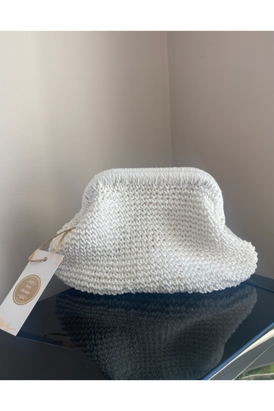 PeriStore Beyaz Hasır El Örmesi Portföy Çanta 22x18cm küçük boy