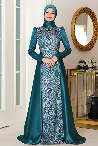 Raika Moda Stone Print Design Satin Miray Evening Dress